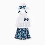 3pcs Toddler Girl Bow Decor Hat & Layered Ruffled Tank Top & Floral Print Shorts Set White