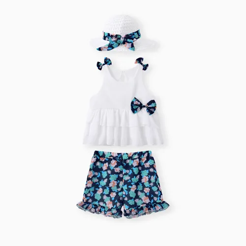 3pcs Toddler Girl Bow Decor Hat & Layered Ruffled Tank Top & Floral Print Shorts Set