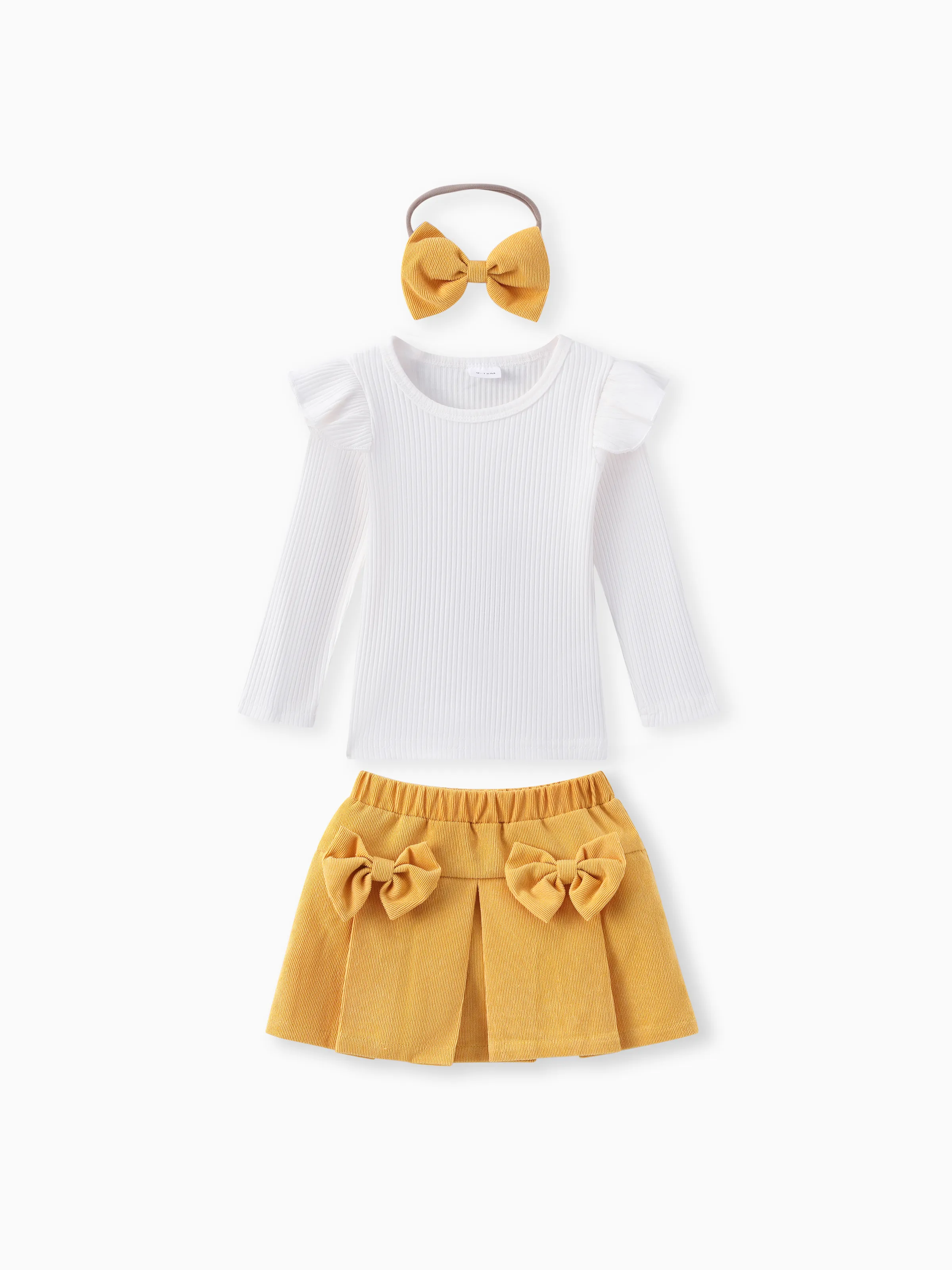 

3pcs Baby Girl 95% Cotton Ribbed Ruffle Long-sleeve Top and Bow Front Skirt & Headband Set