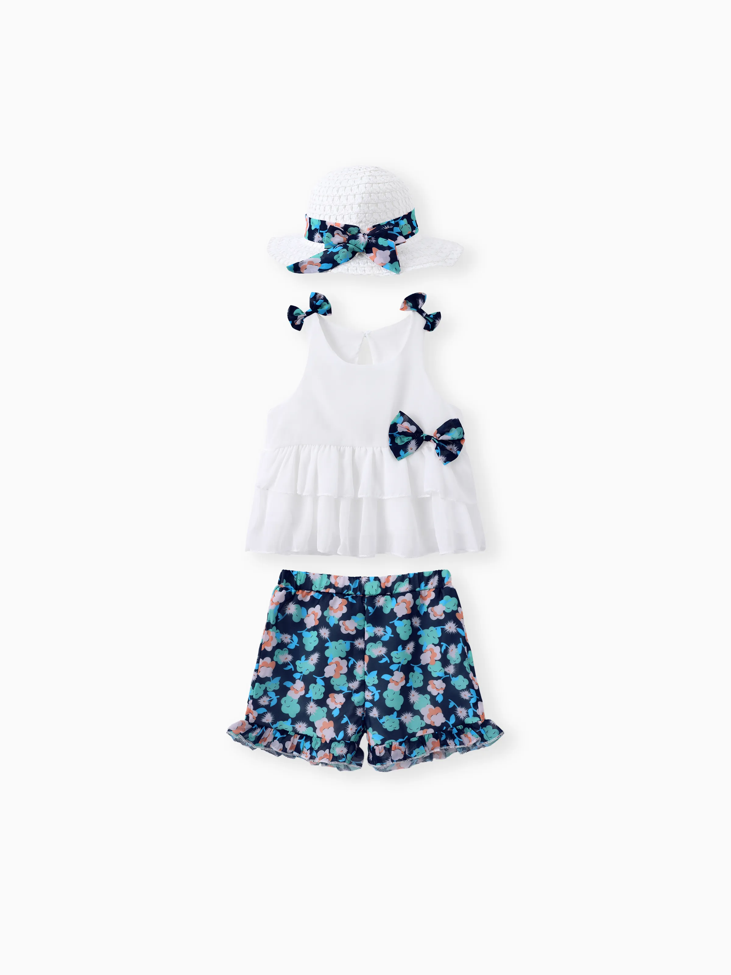 

3pcs Toddler Girl Bow Decor Hat & Layered Ruffled Tank Top & Floral Print Shorts Set