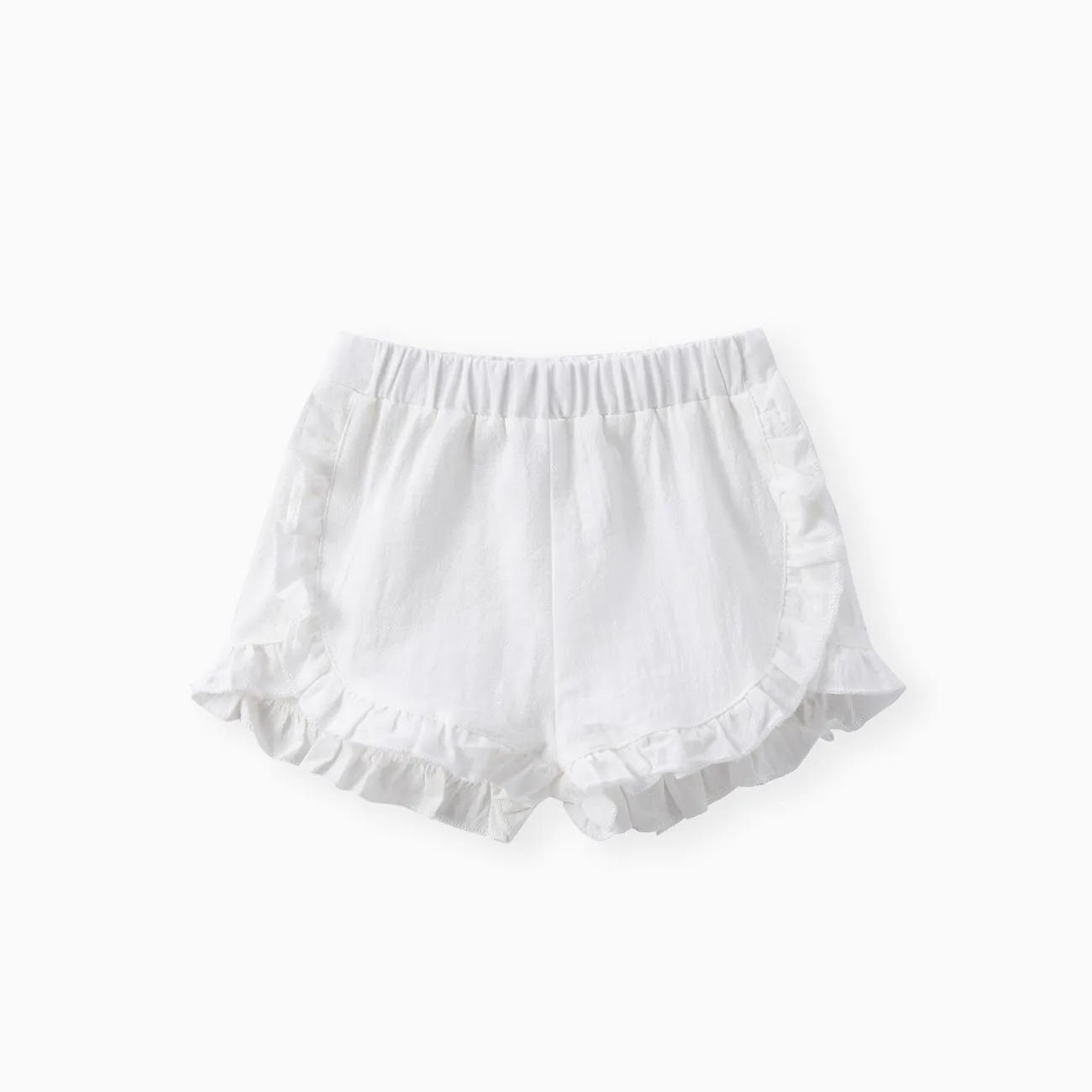 Baby Girl 100% Cotton Solid Ruffle Trim Shorts White big image 1