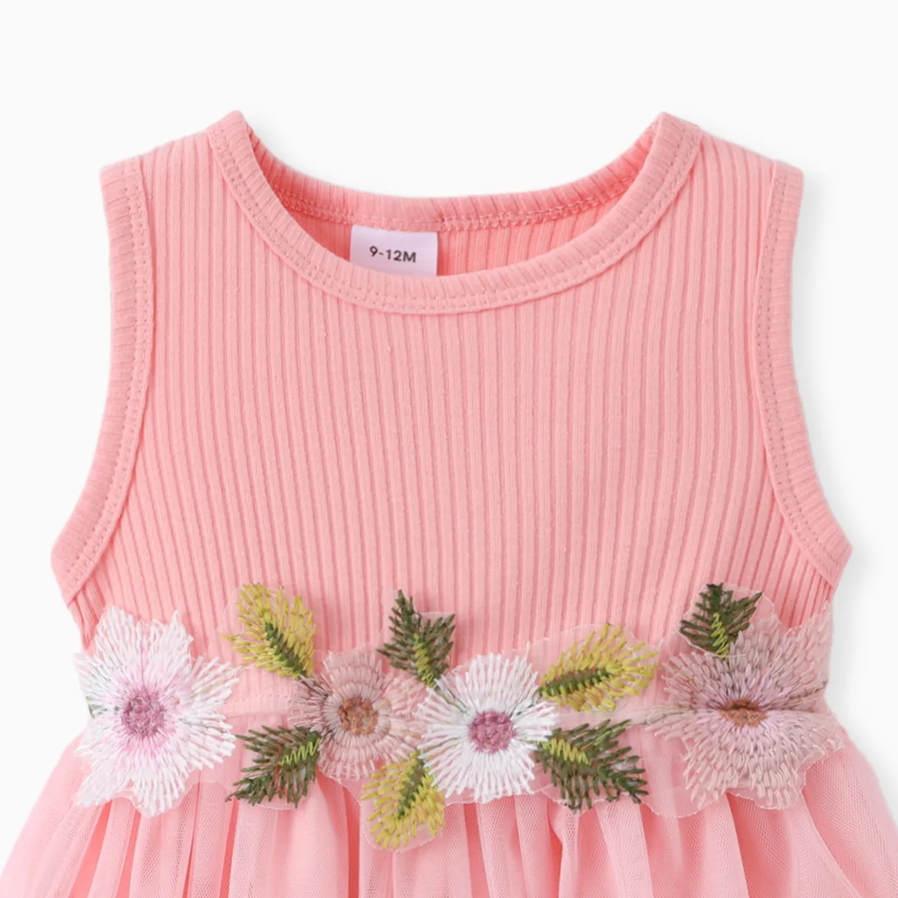 2pcs Baby Girl Buttons Front Long-sleeve Textured Jacket and Floral Decor Mesh Panel Tank Dress Set Pink big image 1