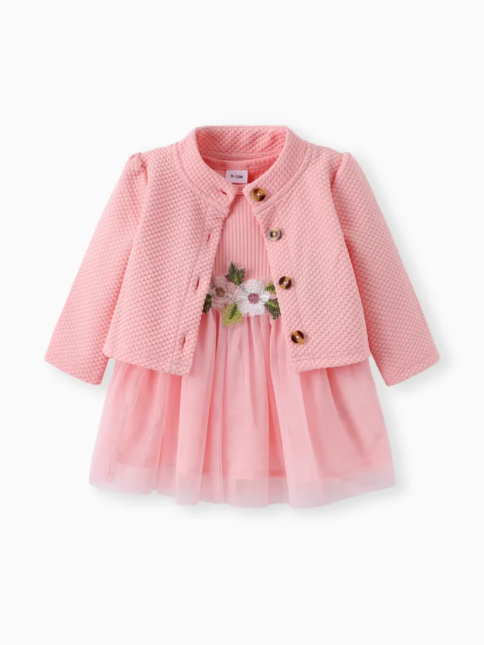 2pcs Baby Girl Buttons Front Long-sleeve Textured Jacket and Floral Decor Mesh Panel Tank Dress Set