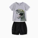 2 pièces Enfant en bas âge Garçon Poche plaquée Enfantin Dinosaure ensembles de t-shirts Gris Clair
