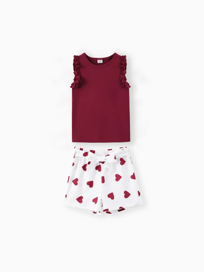 2pcs Kid Girl Flutter-sleeve Tee and Heart Print Belted Shorts Set