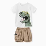 2 pièces Enfant en bas âge Garçon Poche plaquée Enfantin Dinosaure ensembles de t-shirts Kaki
