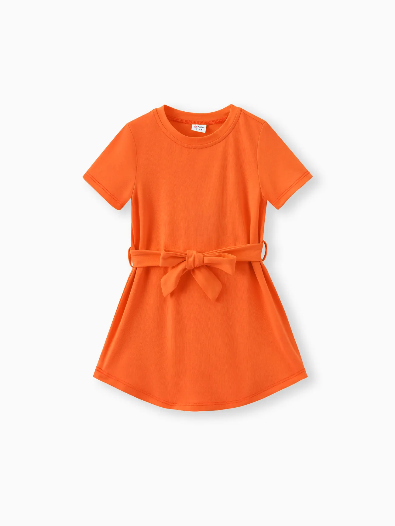 Toddler Girl Solid Curved Hem Short-sleeve Belted Dress Orange color big image 1