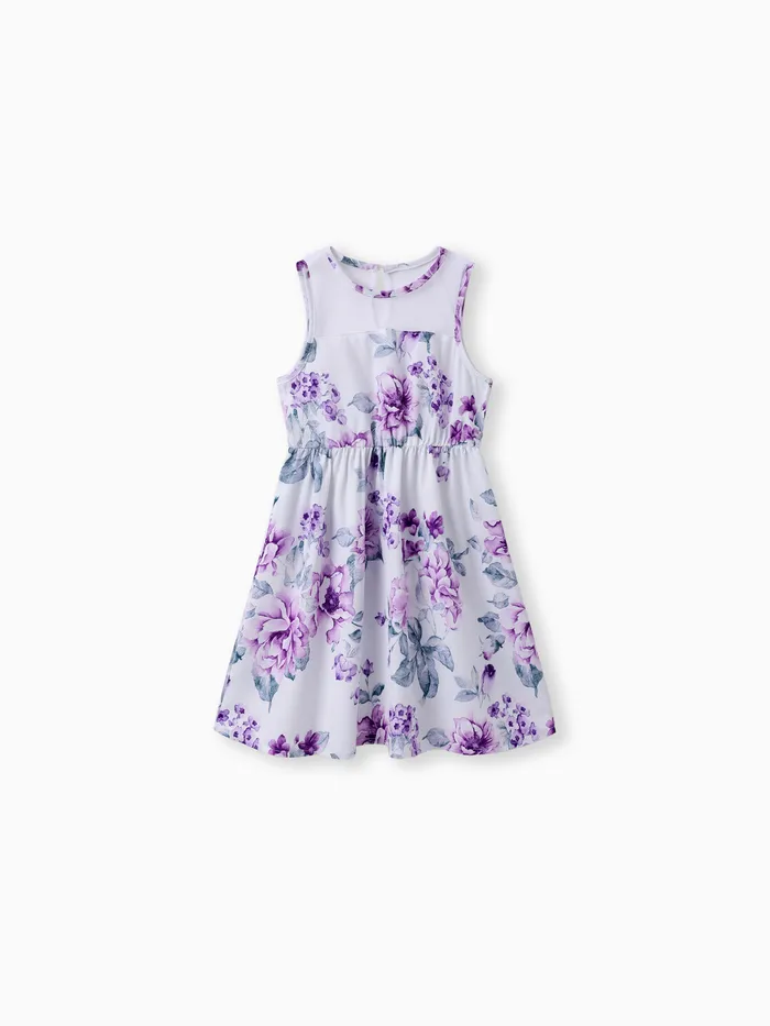 Kid Girl Floral Print Mesh Design Sleeveless Dress