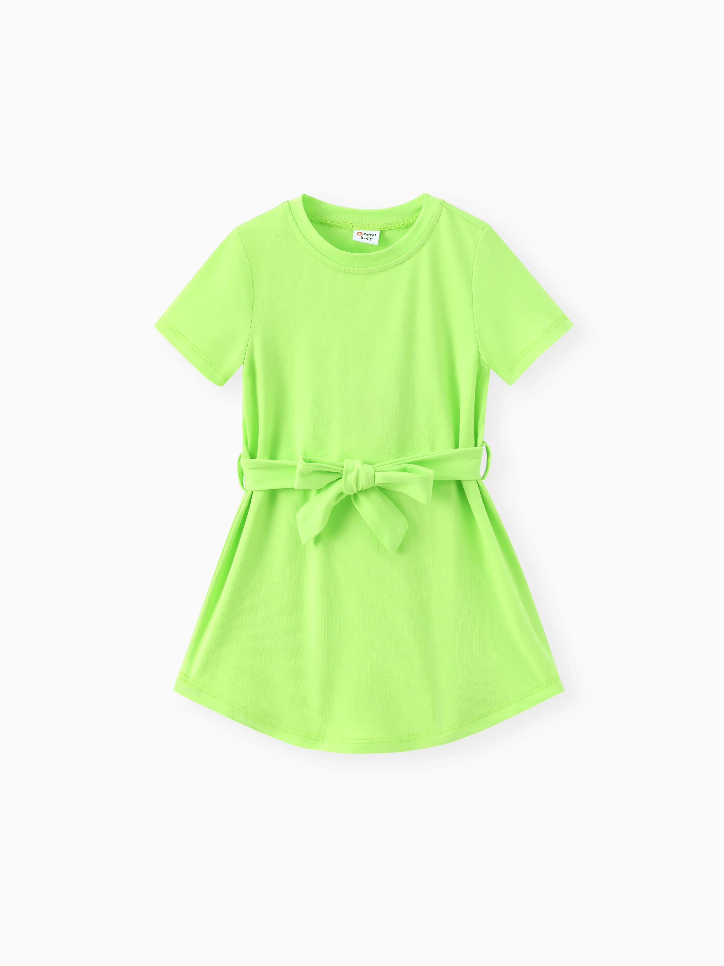 

Toddler Girl Solid Curved Hem Short-sleeve Belted Dress