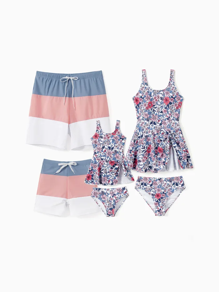 Family Matching Swimsuit Color Block Drawstring Swim Trunks or Ditsy Floral Bow Side Tankini