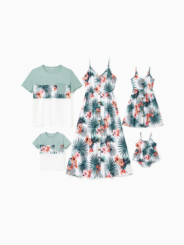Family Matching Sets Floral Panel Tee or Shirred Back Button Up Strap Dress With Pockets