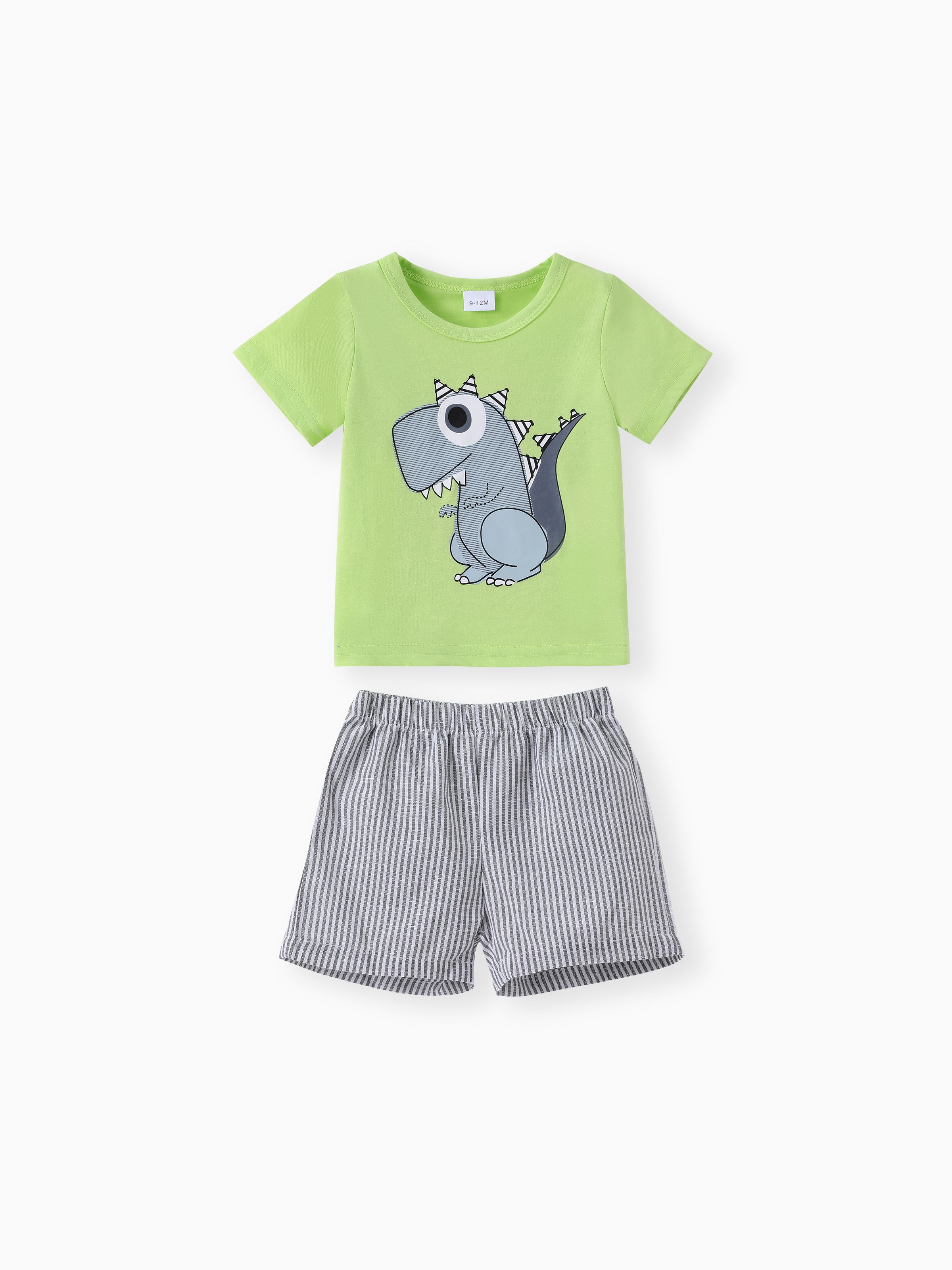 

2pcs Baby Boy Cartoon Dinosaur Print Short-sleeve T-shirt and Pinstriped Shorts Set