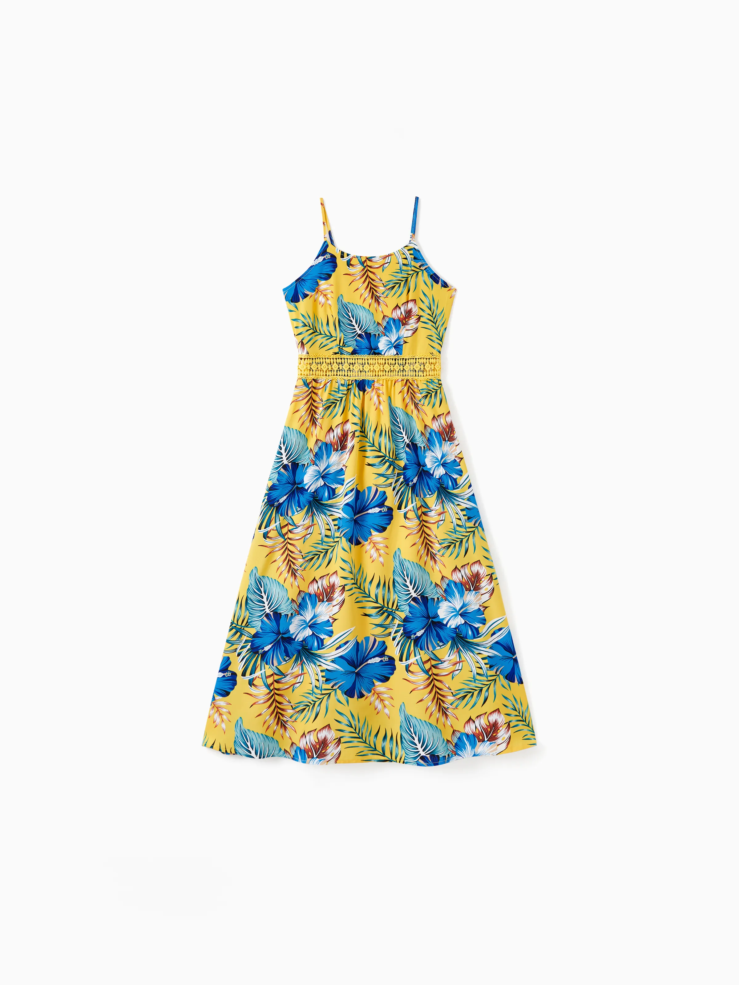 

Family Matching Beach Shirt or Yellow Floral Lace Waist Shirred Back Strap Dress Sets