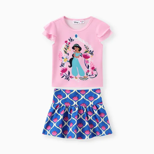 迪士尼公主蹣跚學步的女孩茉莉花 2 件 Naia™ 花卉人物印花荷葉邊袖上衣配裙子套裝