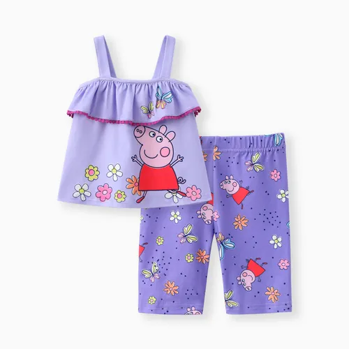 Peppa Pig Toddler Girls 2pcs Floral Butterfly Print Ruffled Sleeveless Top com Calças Set