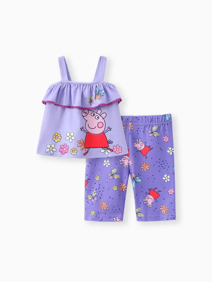 Peppa Pig Kleinkind Mädchen 2 Stück Blumen Schmetterling Print Rüschen ärmelloses Top mit Hosen Set