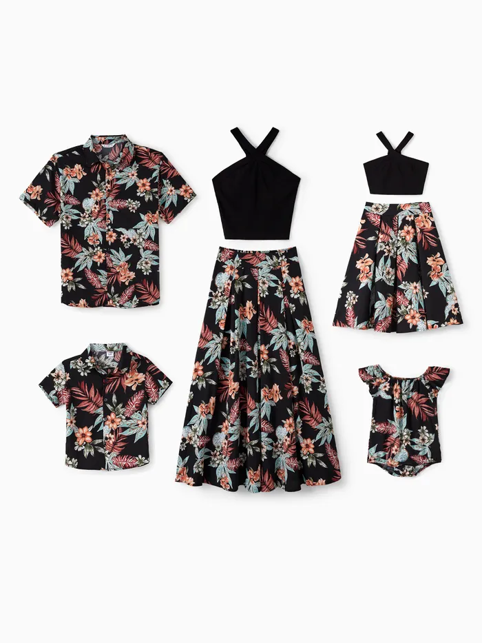 Conjuntos familiares a juego Camisa de playa floral o top cruzado Conjunto de falda de línea A 