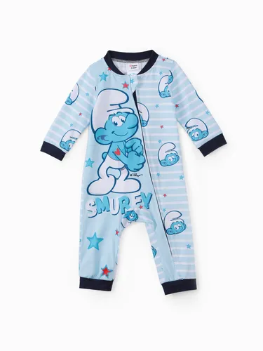 Smurfs Baby Boy Allover Print Striped Zipper Long-sleeve Jumpsuit