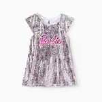 Barbie Toddler/Kid Girls 1pc Classic Barbie Letter Print Sequins Flutter-sleeve Dress Silver