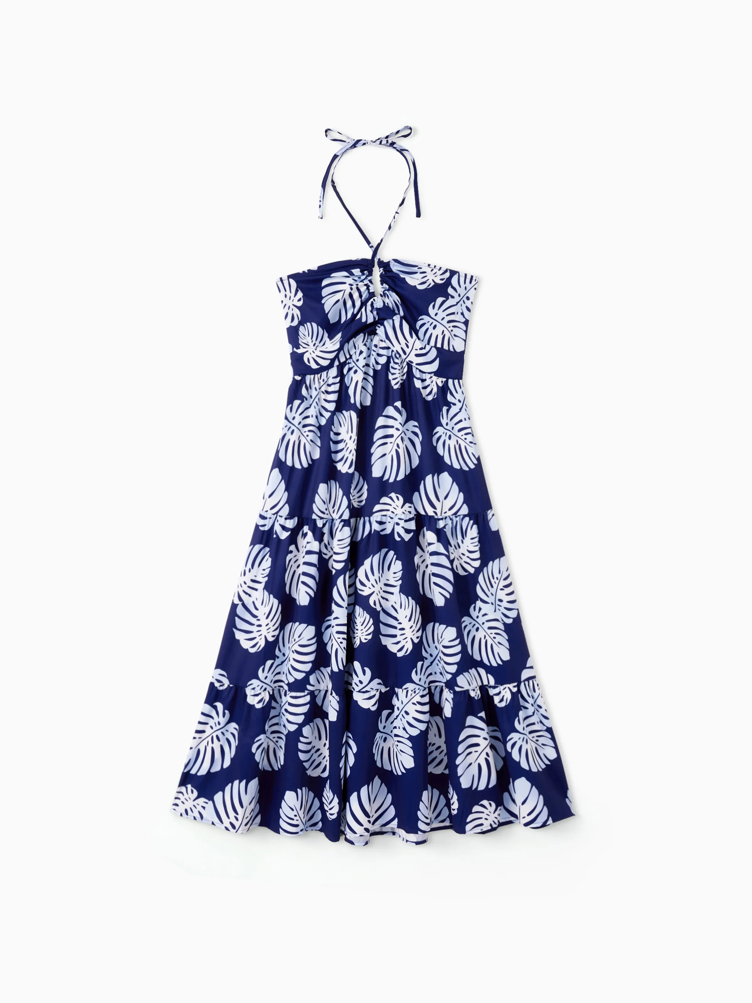 

Mommy and Me Ruffle Hem Shirred Back Cross Halter Dress or Leaf Pattern Sets