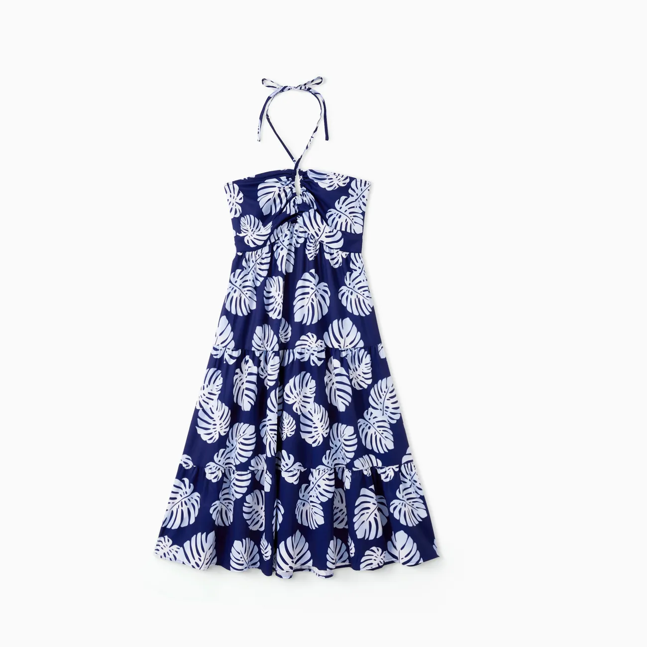Mommy and Me Ruffle Hem Shirred Back Cross Halter Dress or Leaf Pattern Sets