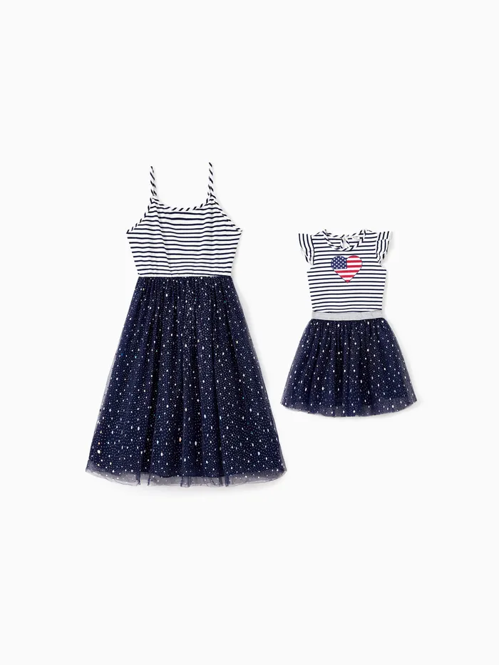 Mommy and Me Stripe Heart Shape American Flag Tulle Sequin Dresses
