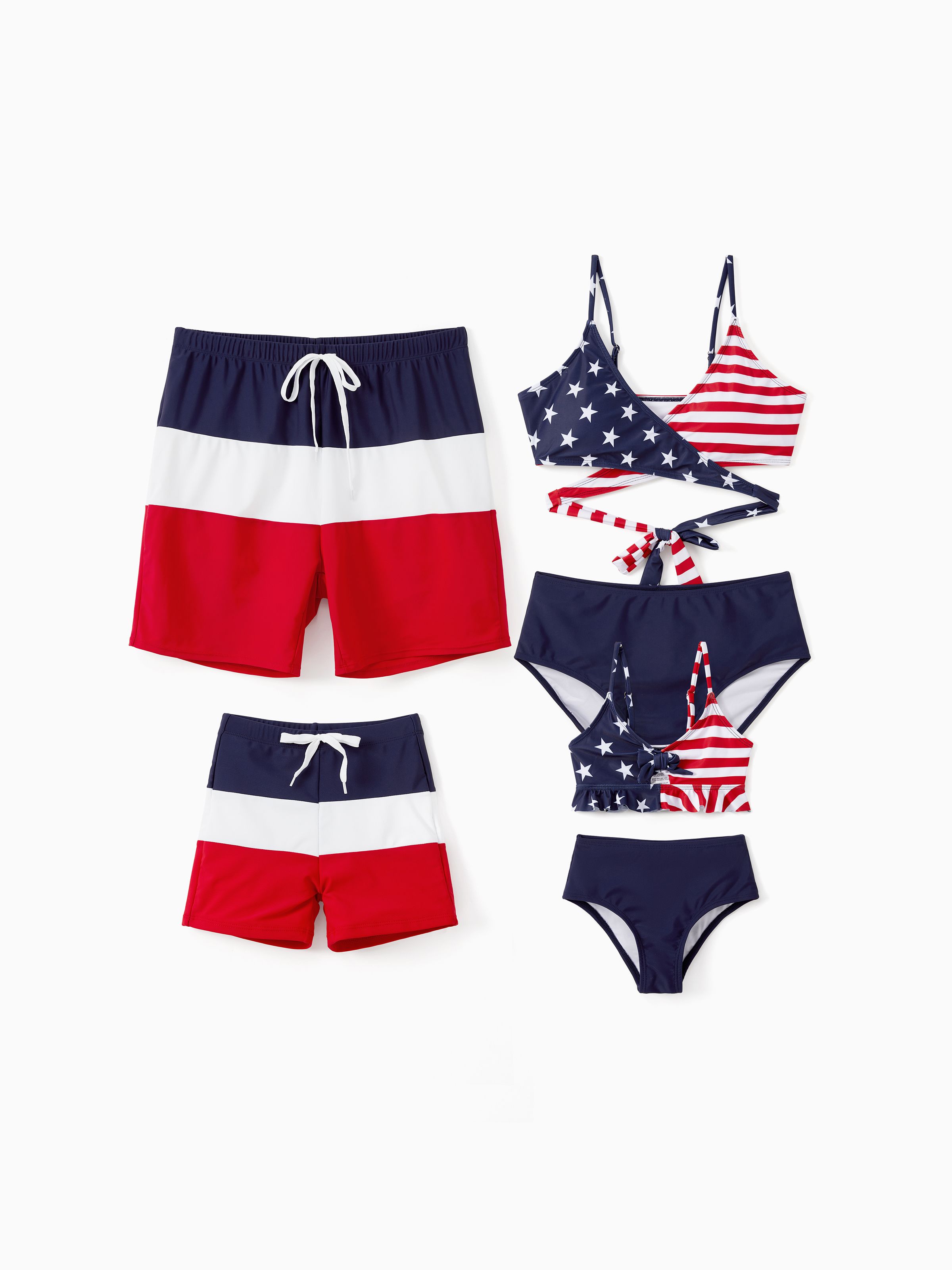 

Independence Day Family Matching Swimsuits American Flag Drawstring Swim Trunks or Bikini with Optional Sarong Cover Up Skirt