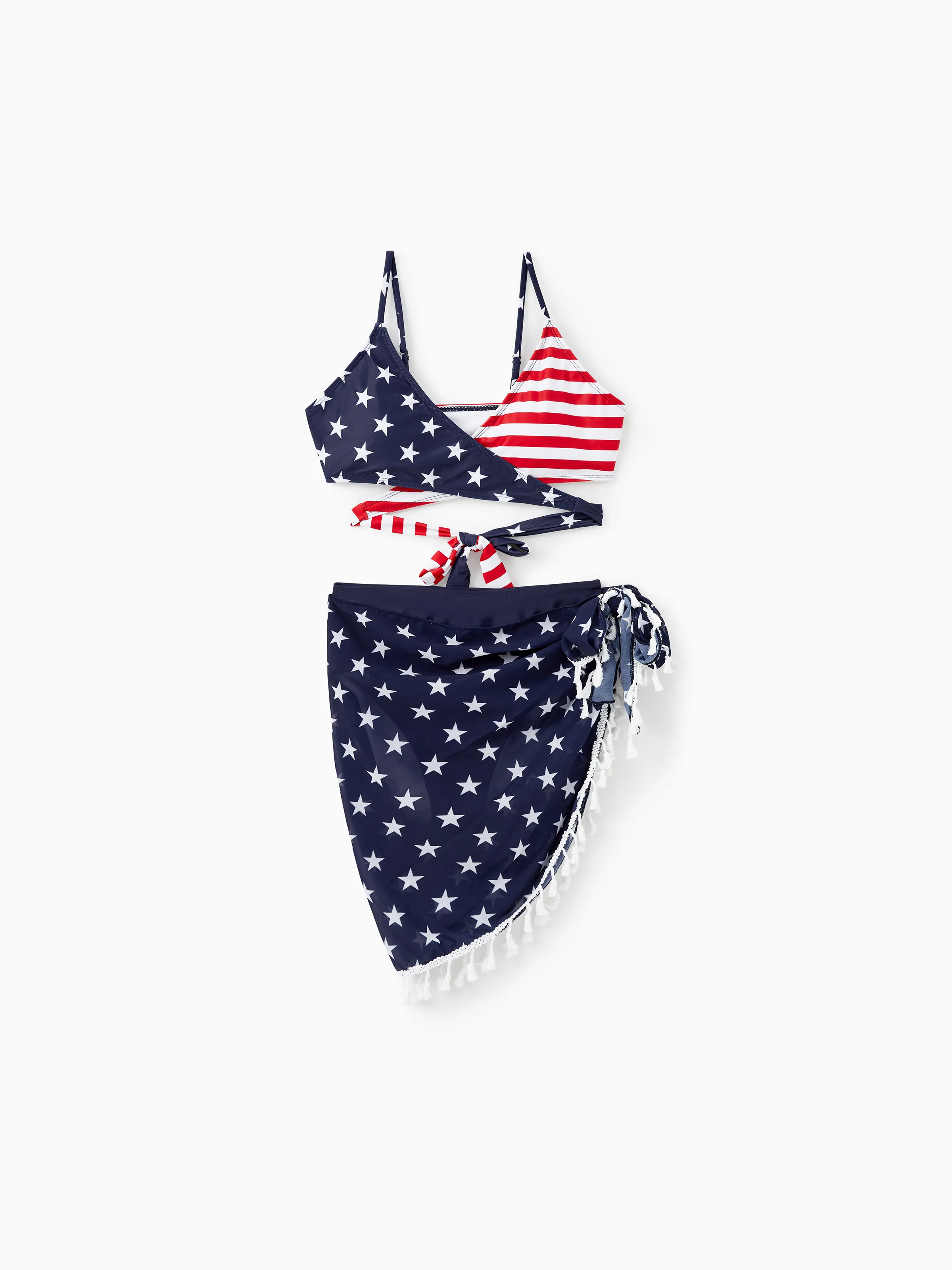 

Independence Day Family Matching Swimsuits American Flag Drawstring Swim Trunks or Bikini with Optional Sarong Cover Up Skirt