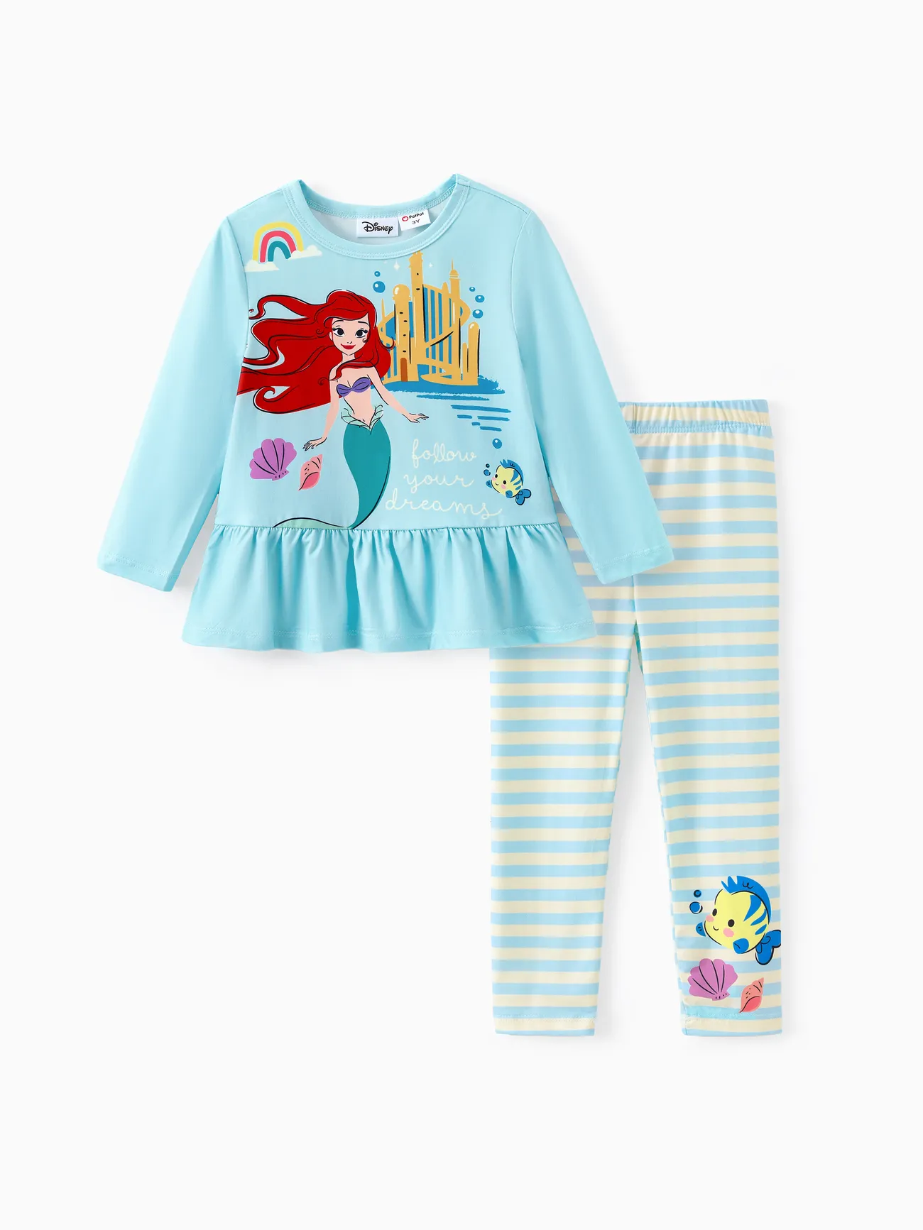 

Disney Princess Toddler Girl 2pcs Character Print Peplum Long-sleeve Tee and Stripe Pants Set