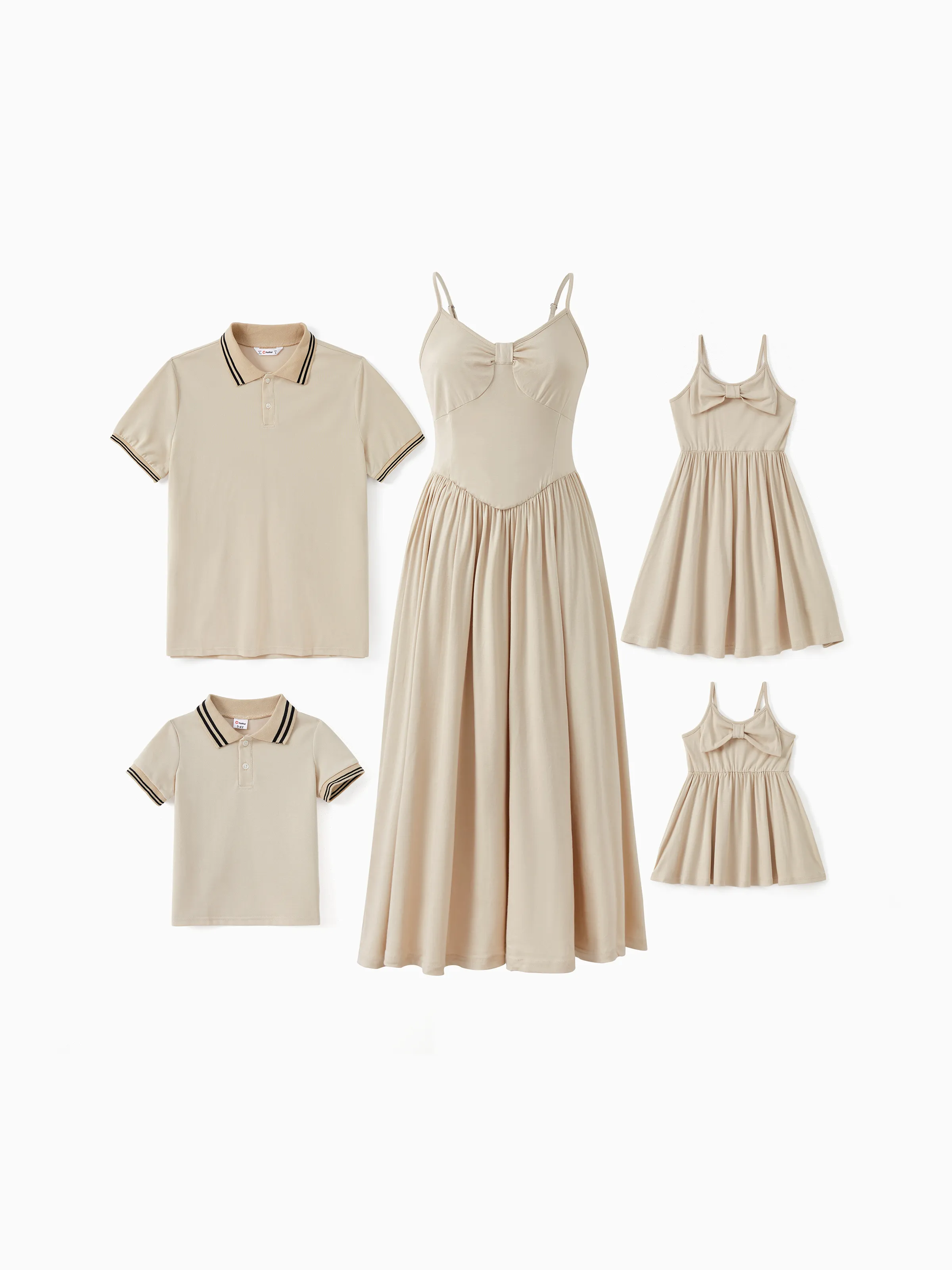 

Family Matching Light Apricot Polo Shirt or Bow Design Flowy A-Line Strap Dress Sets