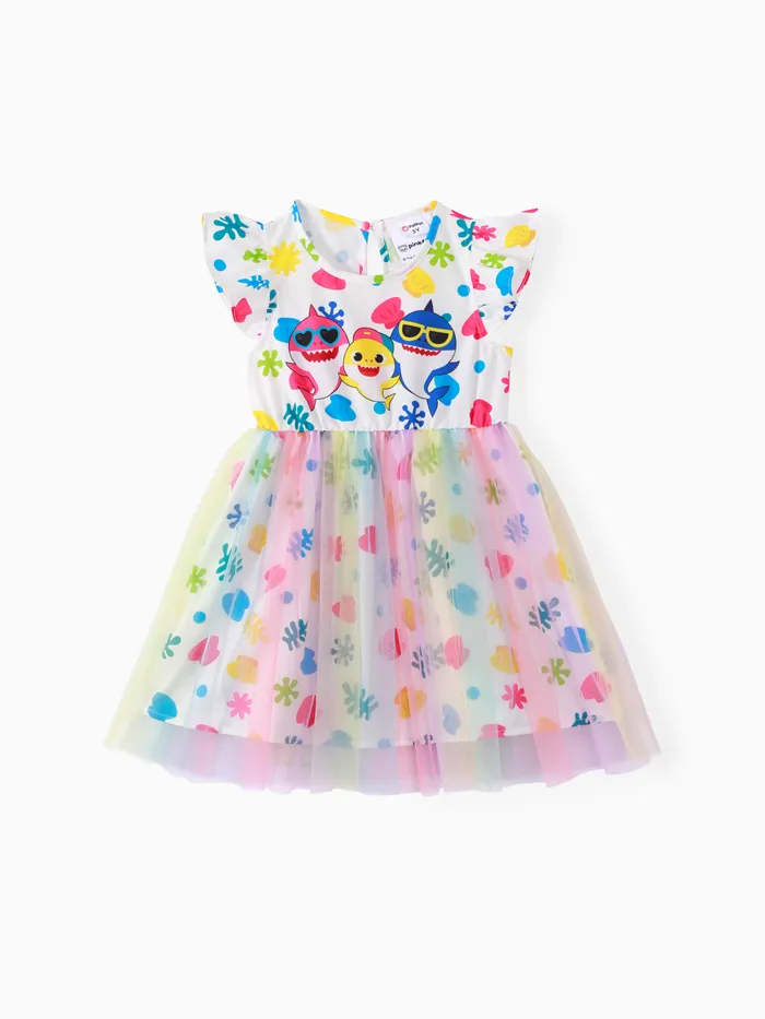 Baby Shark Toddler Girl Character Print Bow Decor / Mesh Overlay Dress