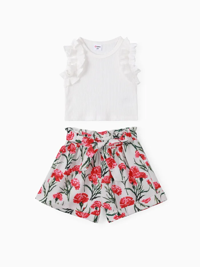 Toddler Girl 2pcs Ruffled Top and Floral Print Skirts Set