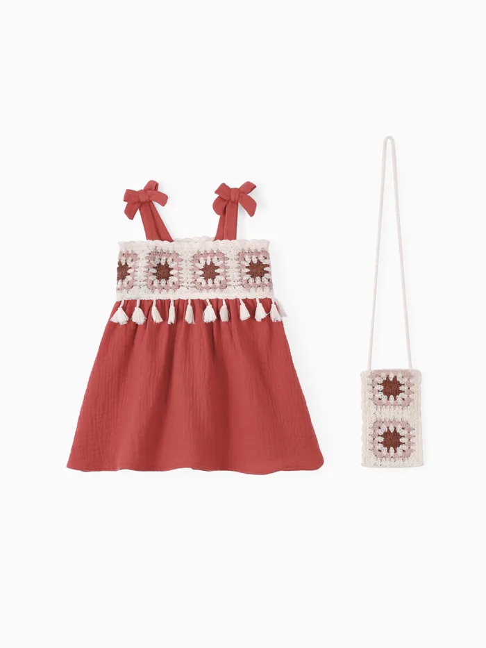 Bebê menina 2pcs Bohemia Tassel design vestido com bolsa