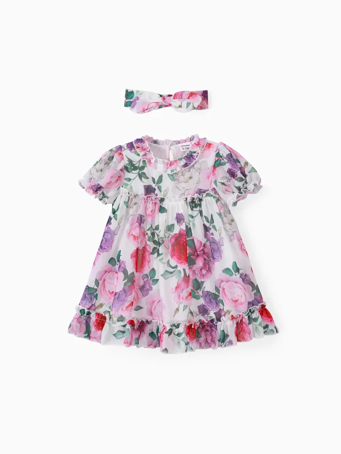 Bébé fille 2pcs robe en maille à imprimé floral avec bandeau