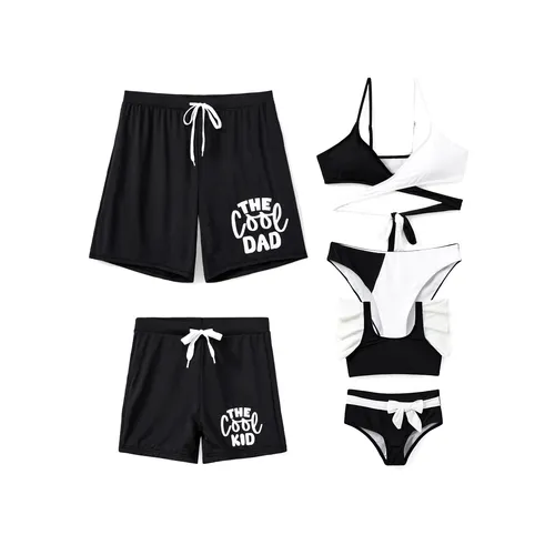 UPF50+ Family Matching Swimsuit Letter Print Drawstring Swim Trunks or Color Block Bikini (Sun-Protective)