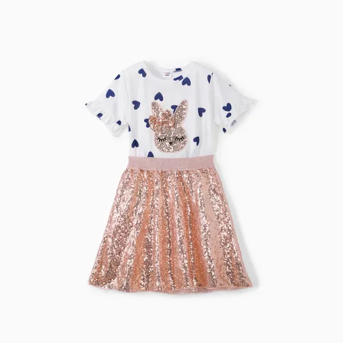 2-piece Kid Girl Unicorn Letter Print/Sequin Rabbit Pattern Heart Print Short-sleeve Tee and Sequined Skirt Set