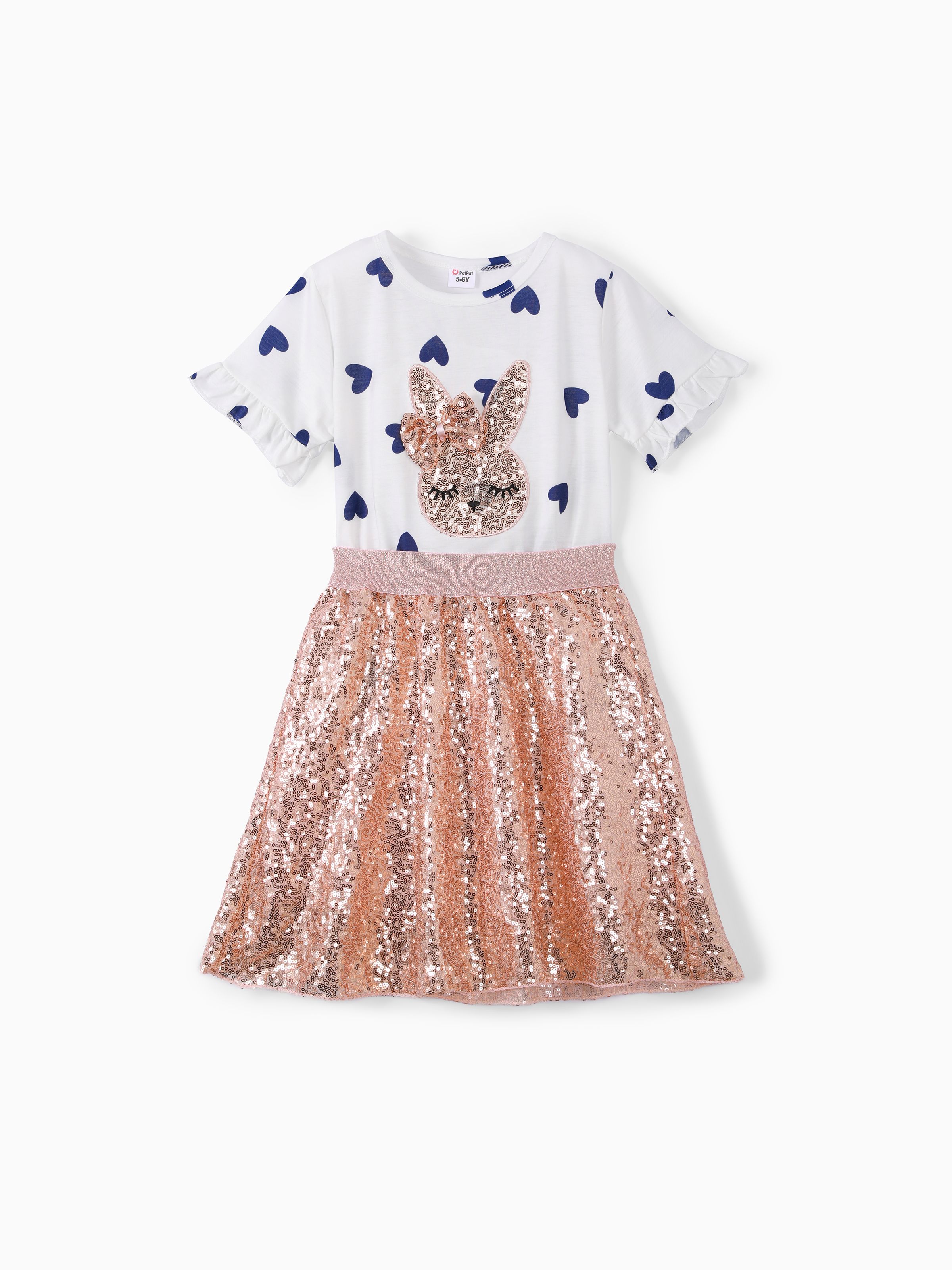 

2-piece Kid Girl Unicorn Letter Print/Sequin Rabbit Pattern Heart Print Short-sleeve Tee and Sequined Skirt Set