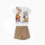 2pcs Toddler Boy Playful Animal Print Tee and Shorts Set White