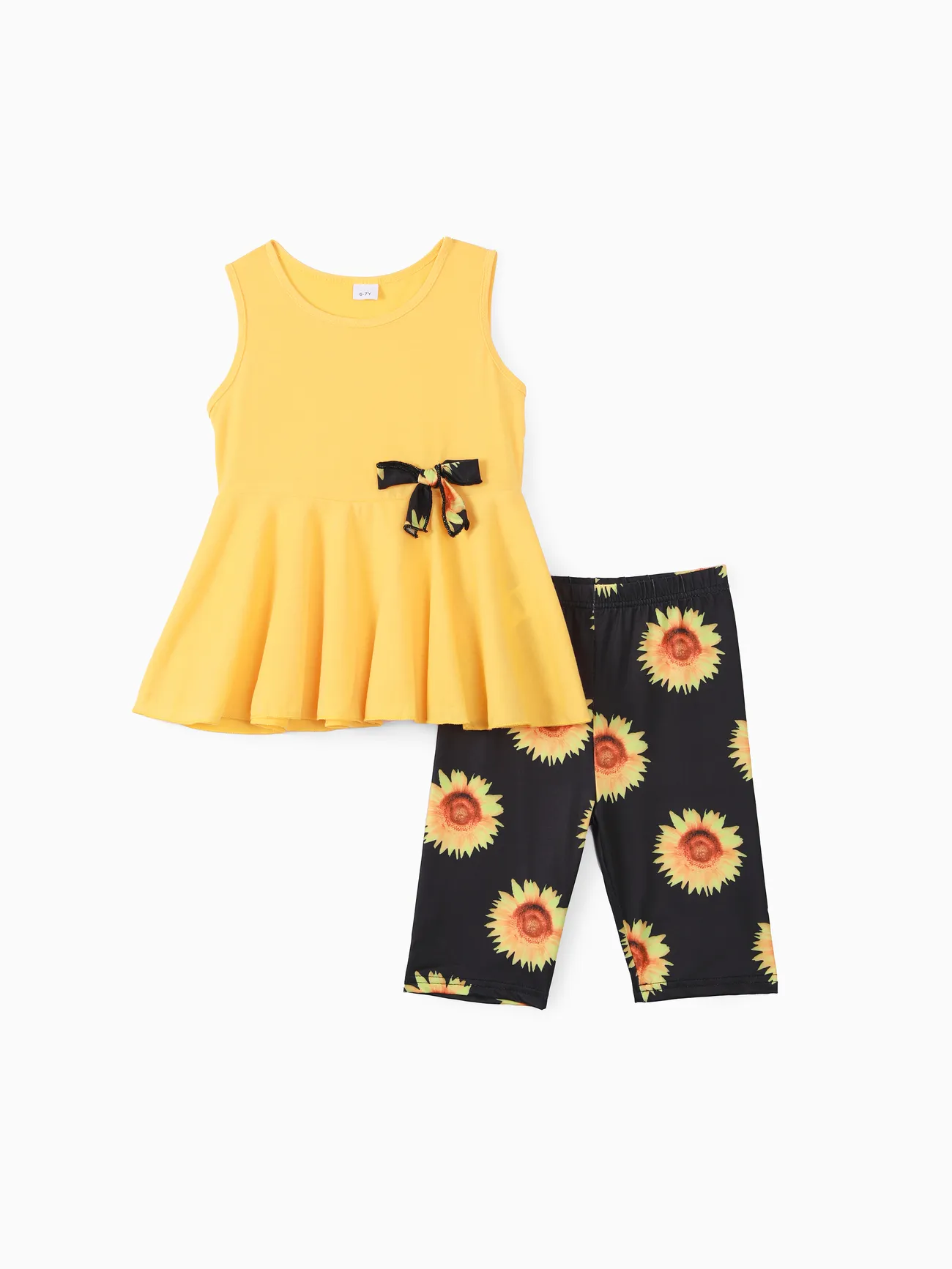 Kid Girl 2pcs Sweet Sleeveless Top and Floral Print Leggings Set Yellow big image 1