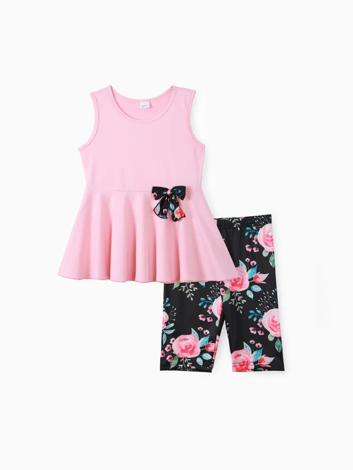 Kid Girl 2pcs Sweet Sleeveless Top and Floral Print Leggings Set