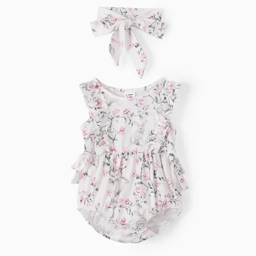 Bébé fille 2pcs Combishort de pyjama imprimé lapin avec bandeau