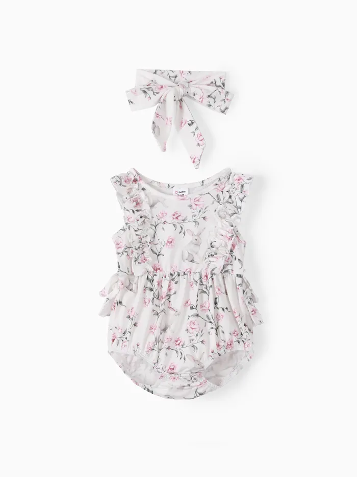 Bébé fille 2pcs Combishort de pyjama imprimé lapin avec bandeau
