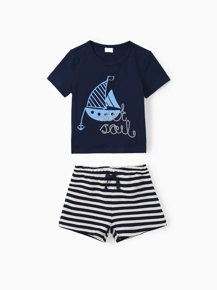 Kleinkind Mädchen 2 Stück Segelboot Print T-Shirt und gestreifte Shorts Set
