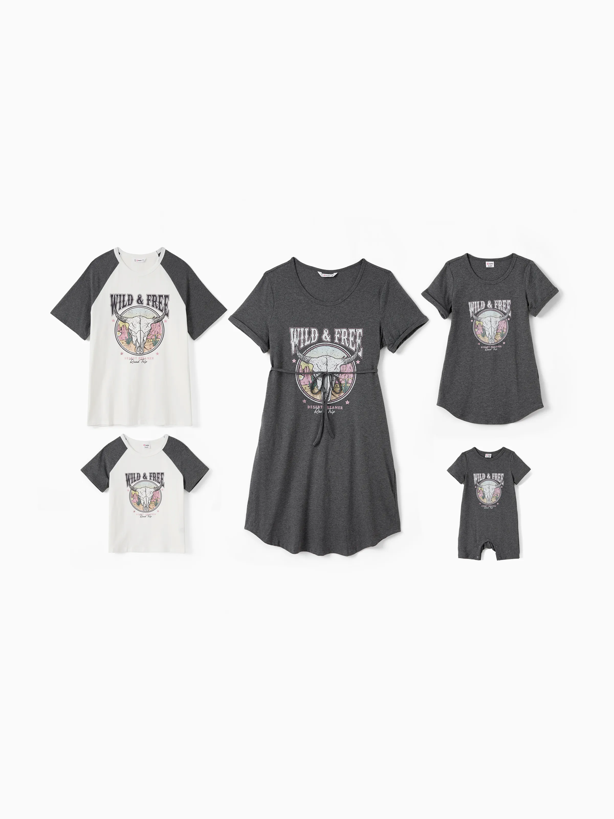 

Family Matching Sets Wile and Free Theme Bull Skull Graphic Raglan Sleeves Tee or Short Sleeves Cotton Dress with Pockets