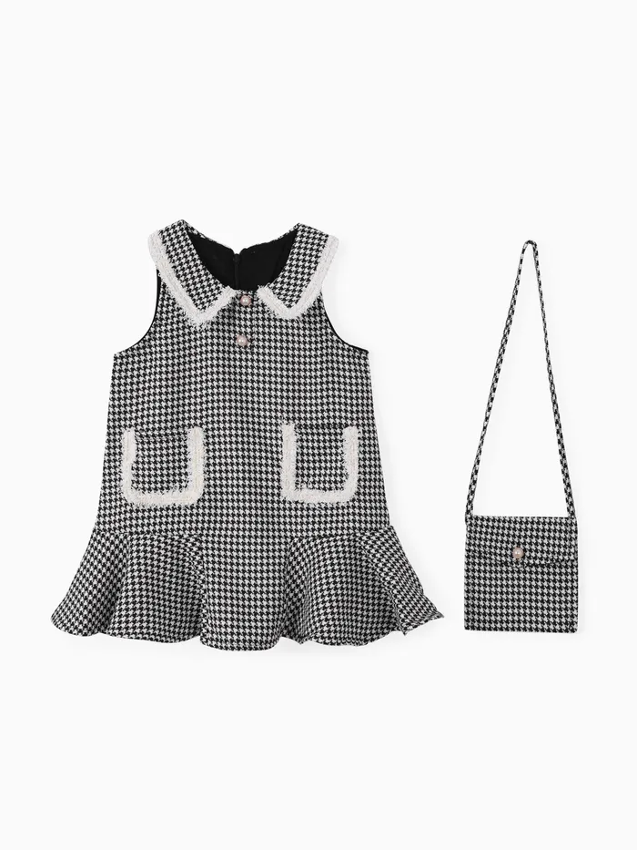 2pcs Toddler Girl Classic Grid/Houndstooth Dress Set