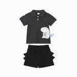 2pcs Toddler Boy Casual Dinosaur Print Polo Shirt & Spike Design Shorts Set Dark Blue