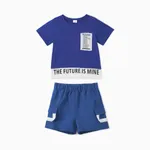 2pcs Toddler Boy Trendy Letter Print Tee and Shorts Set Blue