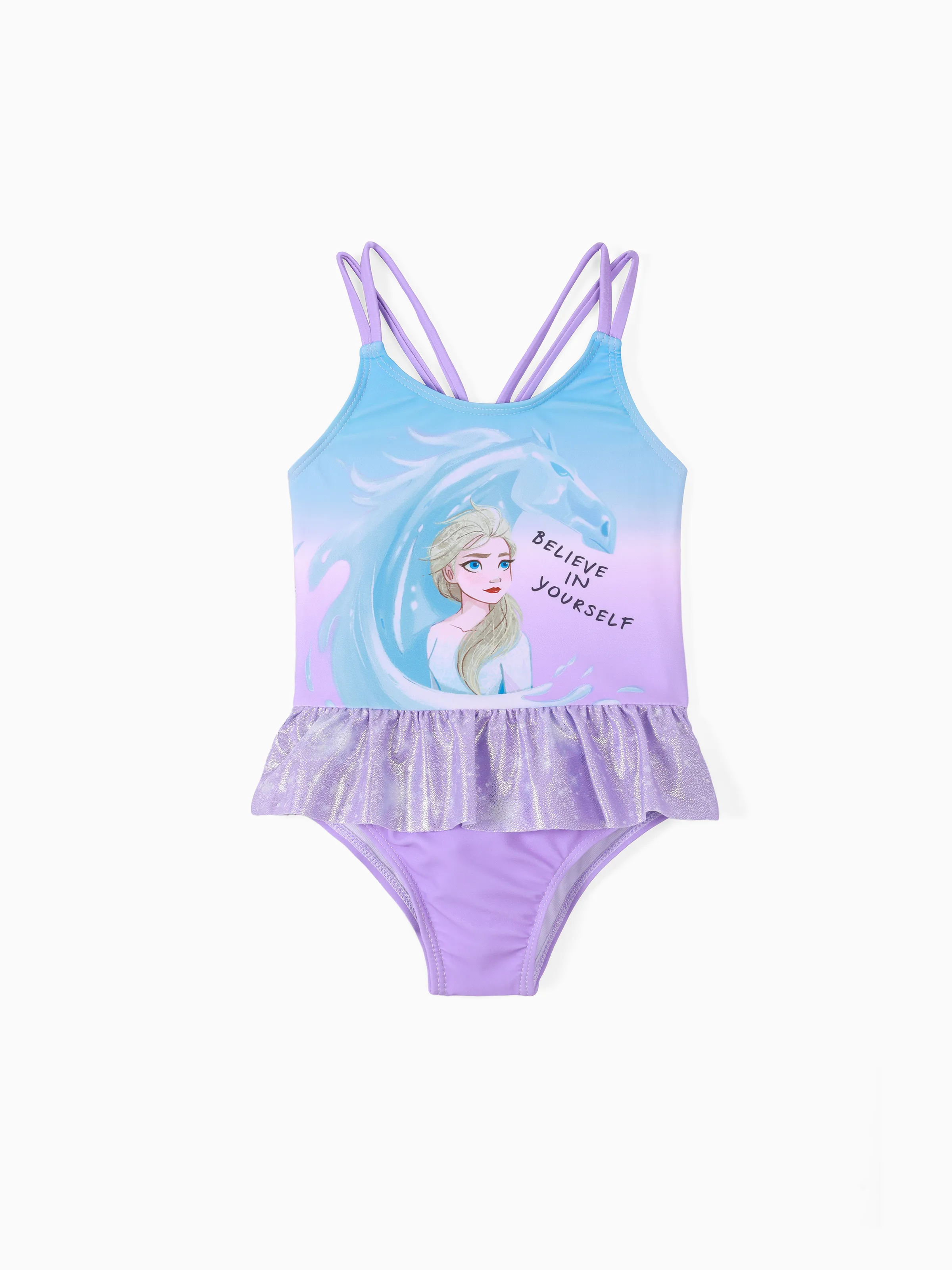 Disney Frozen Elsa 1pc Personaje de niña pequeña Cuerpo completo Patrón de manchas degradado Material brillante Volante UPF 50 + Traje de baño