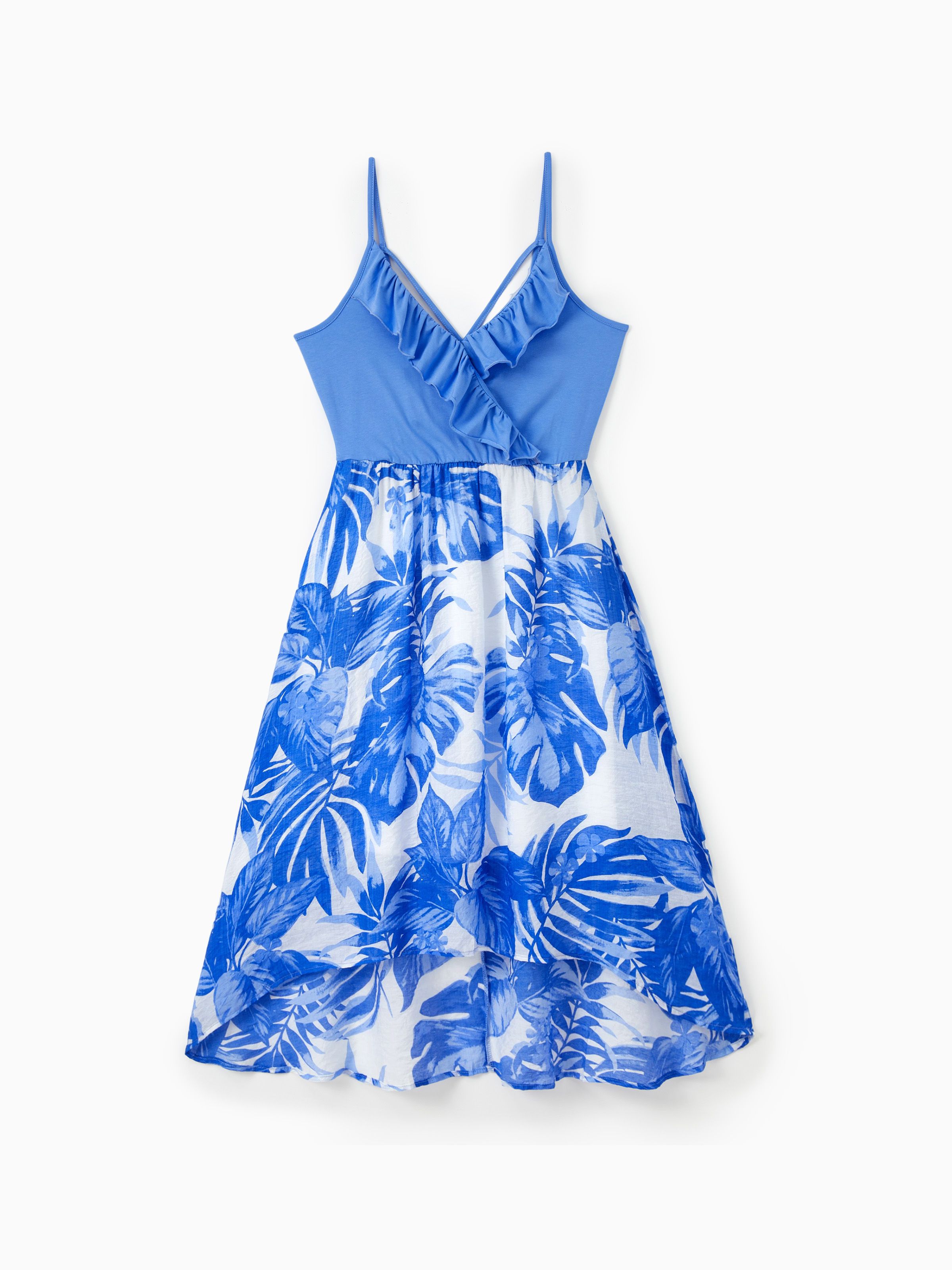 

Family Matching Sets Blue Tropical Floral Panel Tee or Ruffle Neck Cross Back High-Low Strap Dress