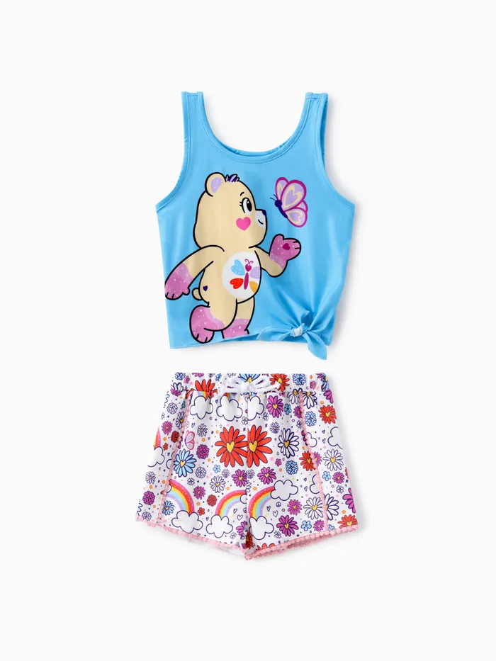 Care Bears Toddler Girls 2pcs Camiseta sin mangas con estampado de arcoíris de mariposa floral con conjunto de pantalones cortos